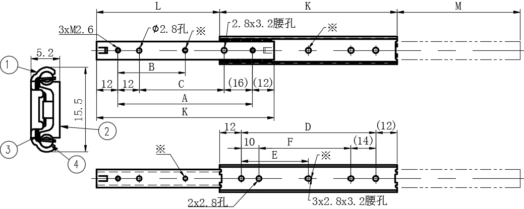 不锈钢二节轻载滑轨03型