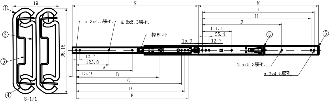 不锈钢三节可拆卸中载滑轨02型