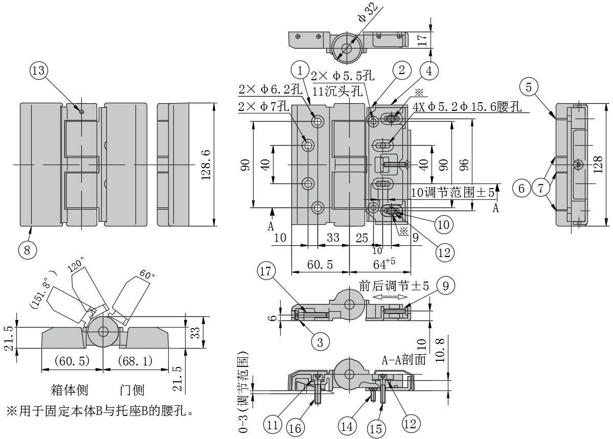 60°,120°临时定位点停铰链...